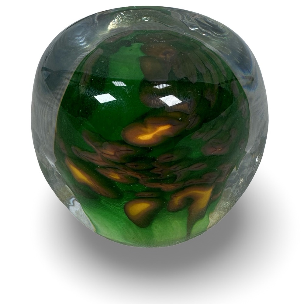 Artisan Signed Green Amber Art Glass Paperweight Sphere 2004 Signed Orb